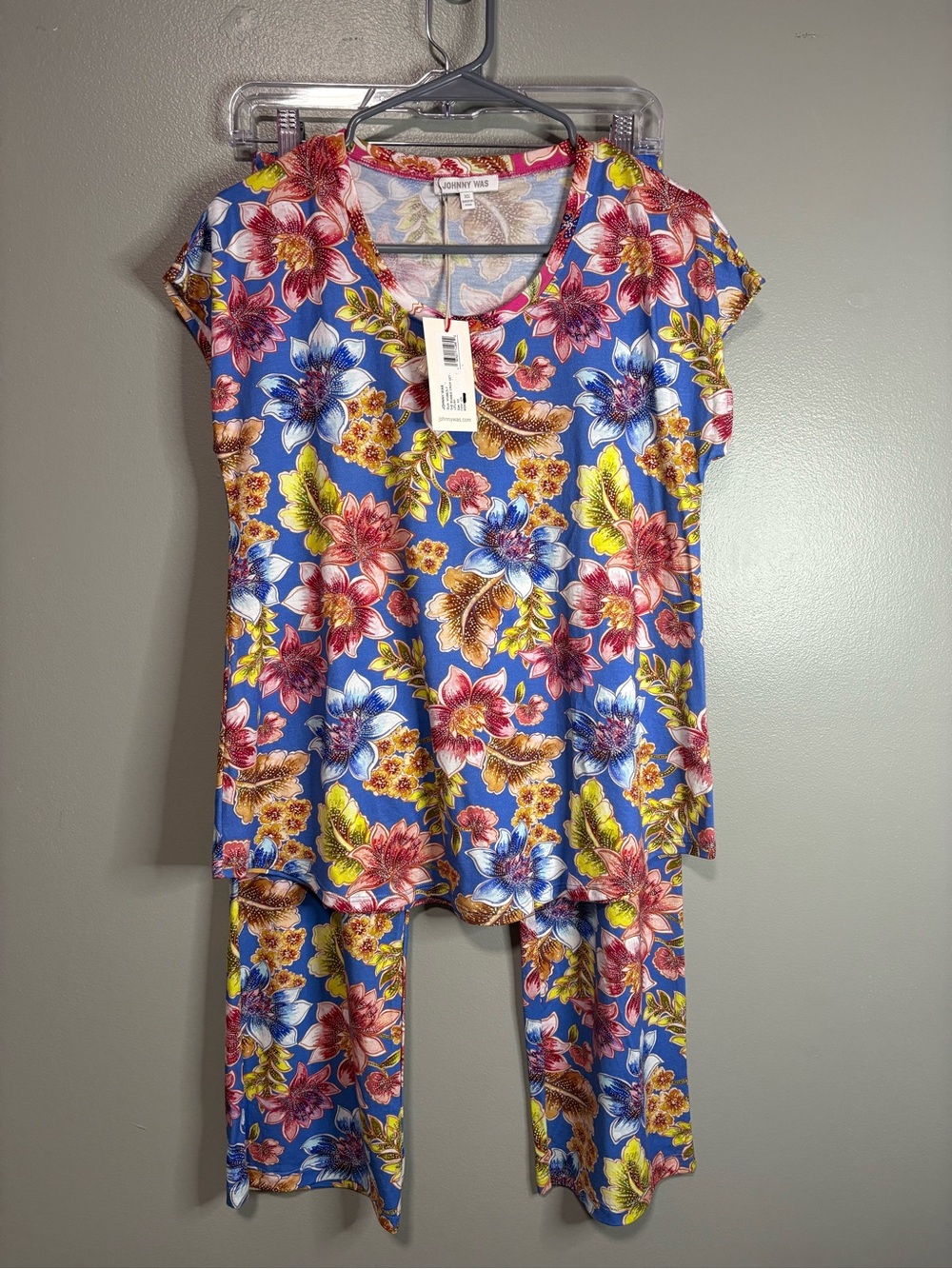 Johnny Was Leilani Floral Crop Lounge Set XS Blue Tropical Top & Pants NWT